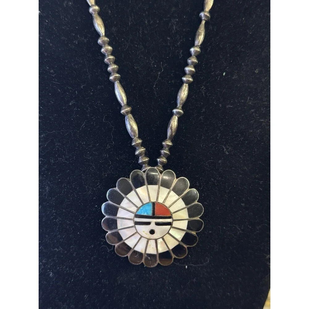 Native American Sterling Silver Gemstone Inlay Chief Sunface Statement Necklace - Picture 4 of 8